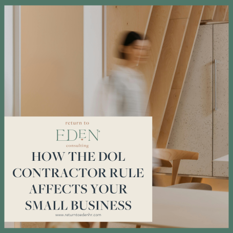 Woman in Background Walking in Office with text How the DOL Contractor Rule Affects Your Small Business overlaid